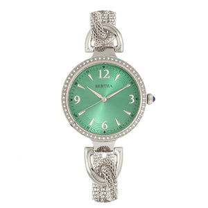 Bertha Sarah Chain-Link Watch w/Hanging Charm - Silver/Emerald - BTHBR8902