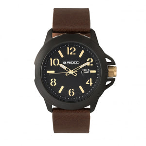 Breed Bryant Leather-Band Watch w/Date - Brown/Gold - BRD7106