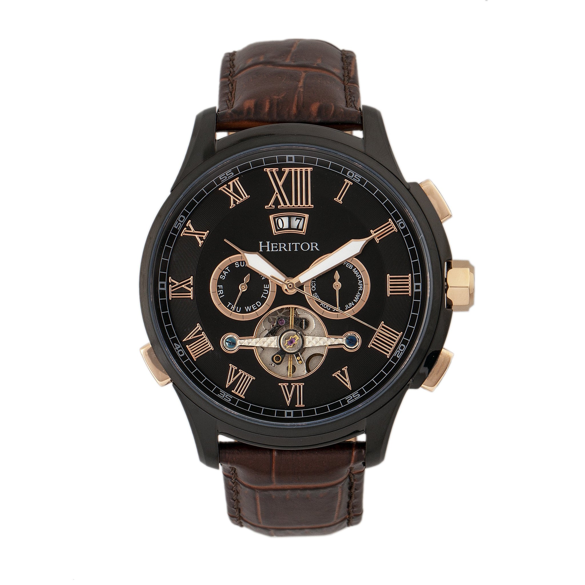 Heritor Automatic Hudson Semi-Skeleton Leather-Band Watch w/Day/Date - Brown/Black - HERHR7506