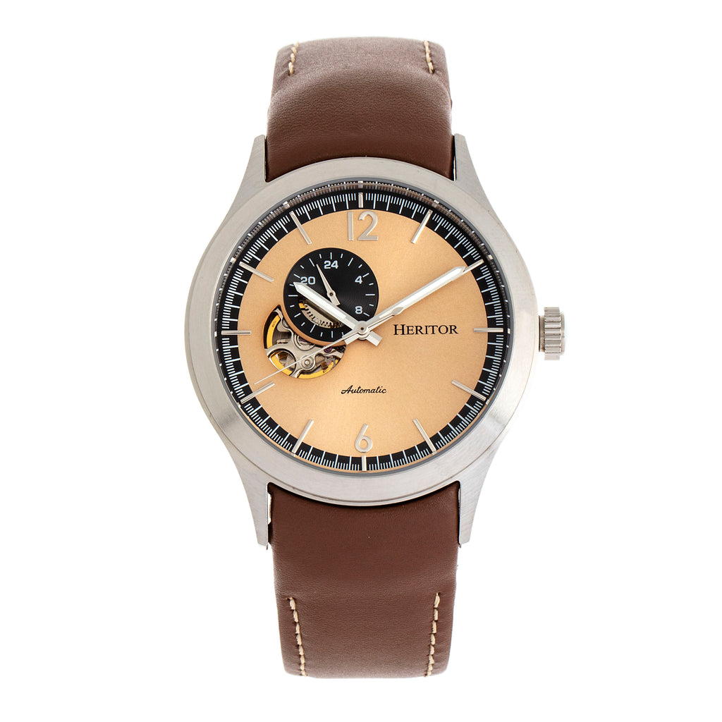 Heritor Automatic Antoine Semi-Skeleton Leather-Band Watch - Silver/Tan - HERHR8505