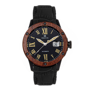 Heritor Automatic Everest Wooden Bezel Leather Band Watch /Date - Black - HERHS1606