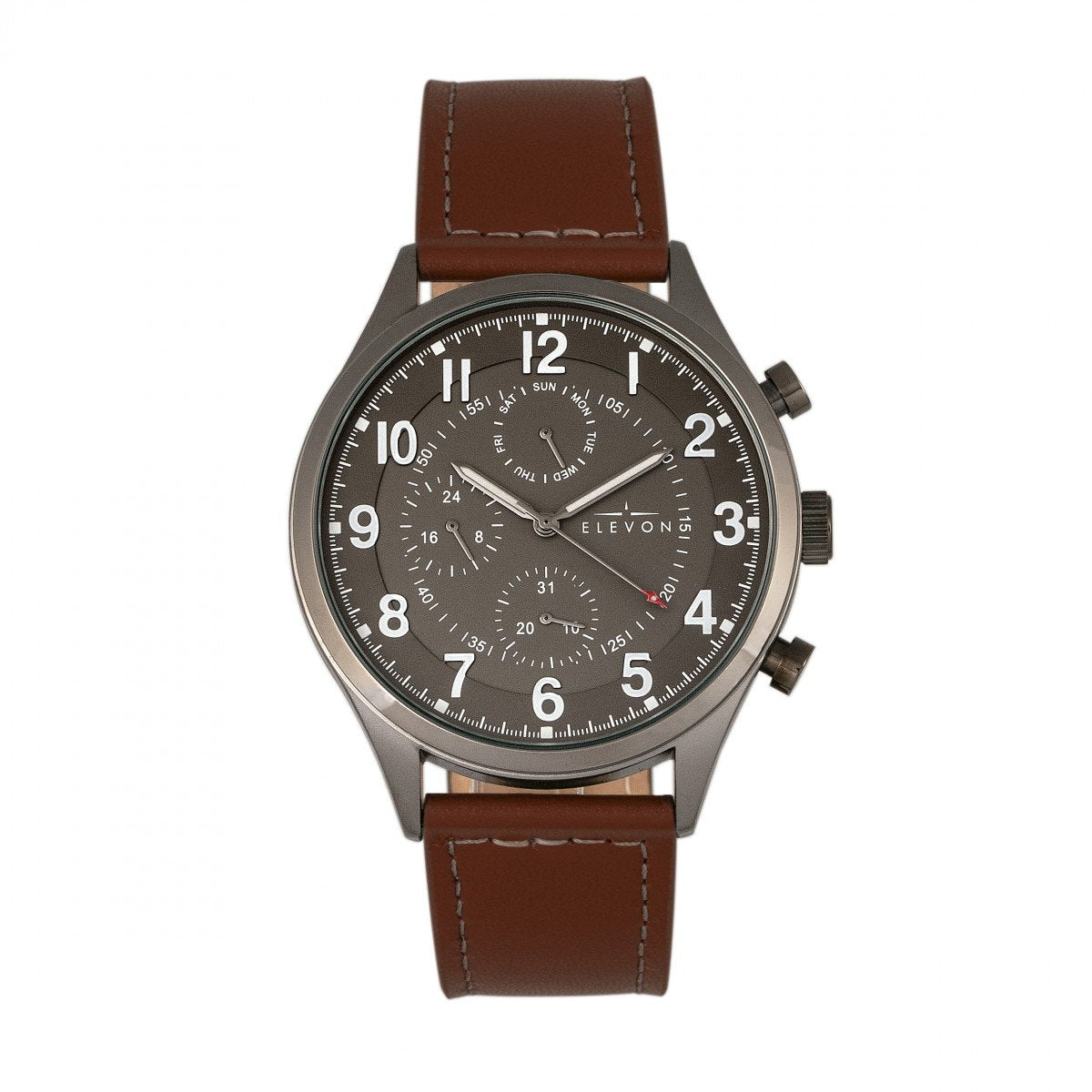 Elevon Lindbergh Leather-Band Watch w/Day/Date -  Brown/Gray - ELE102-5