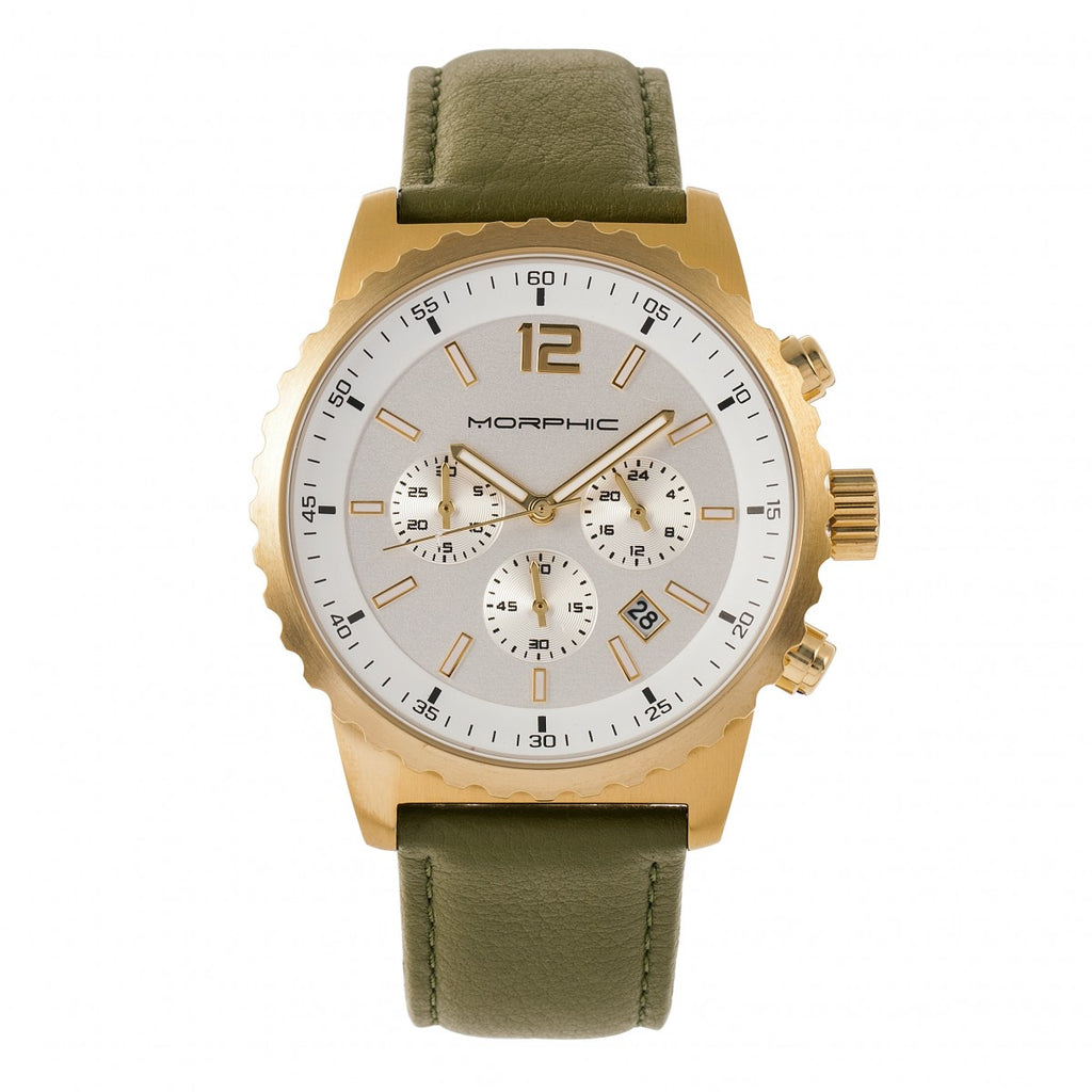 Morphic M67 Series Chronograph Leather-Band Watch w/Date - Gold/Olive - MPH6703