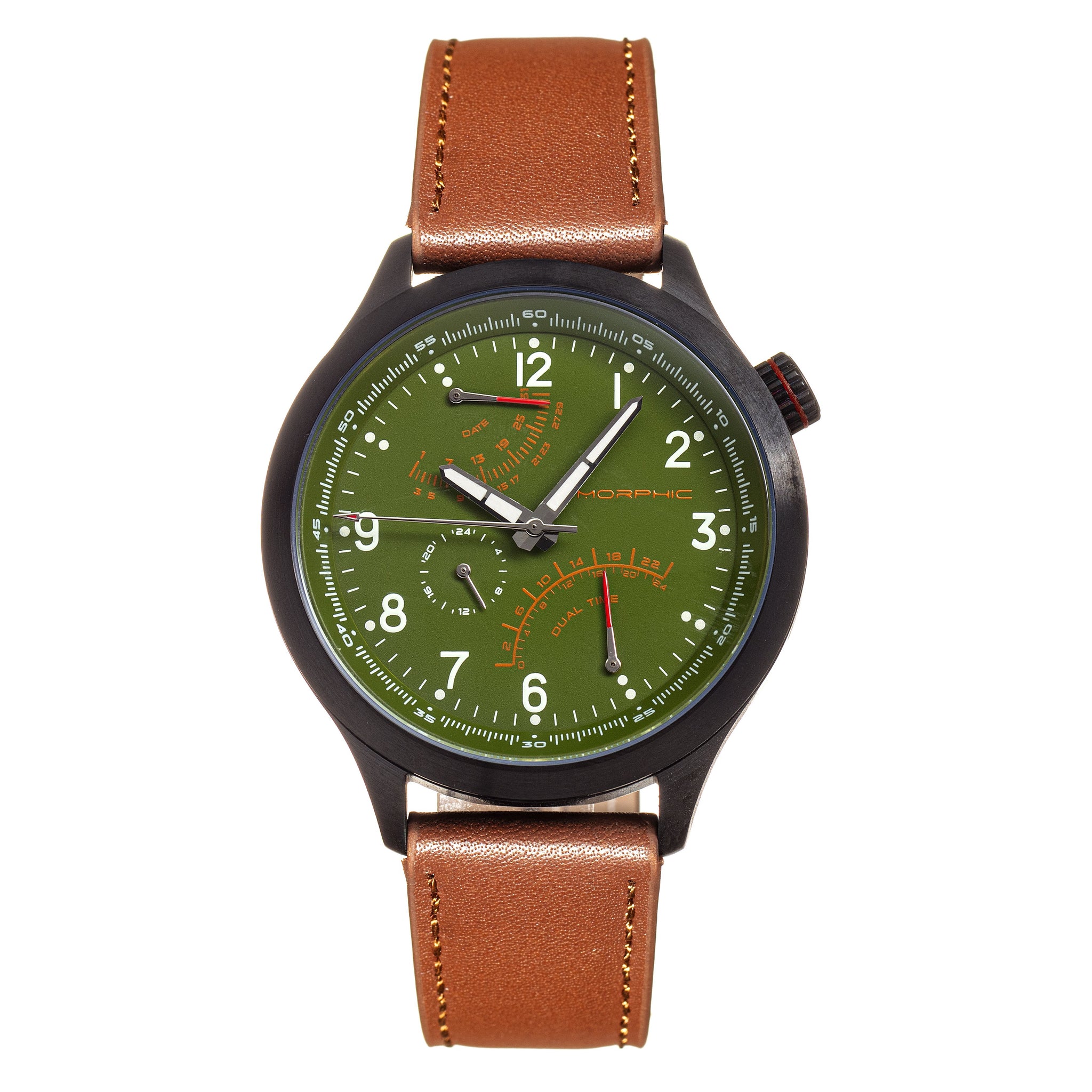 Morphic M44 Series Dual-Time Leather-Band Watch w/ Retrograde Date - Black/Green - MPH4406