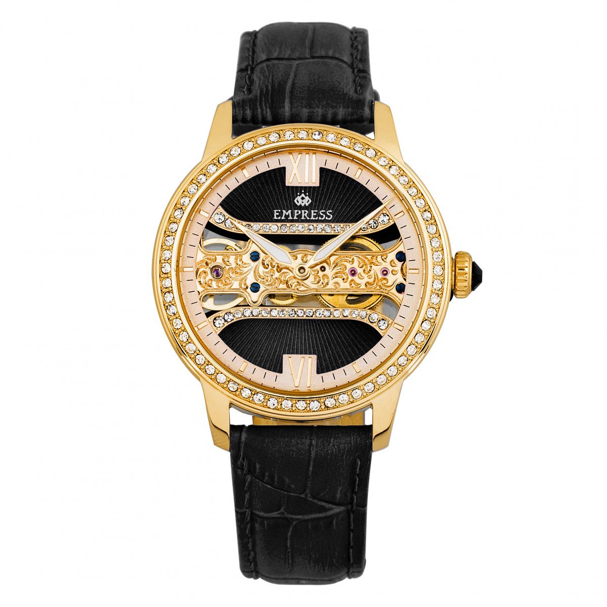 Empress Rania Mechanical Semi-Skeleton Leather-Band Watch - Black - EMPEM2801