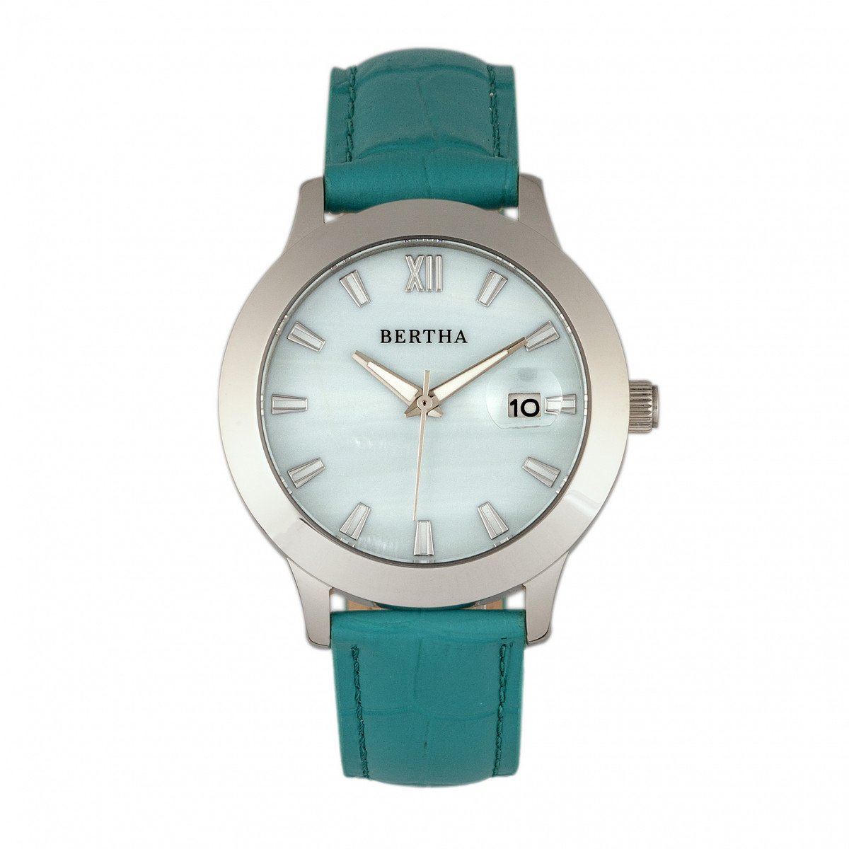 Bertha Eden Mother-Of-Pearl Leather-Band Watch w/Date - Turquoise/Silver - BTHBR6503