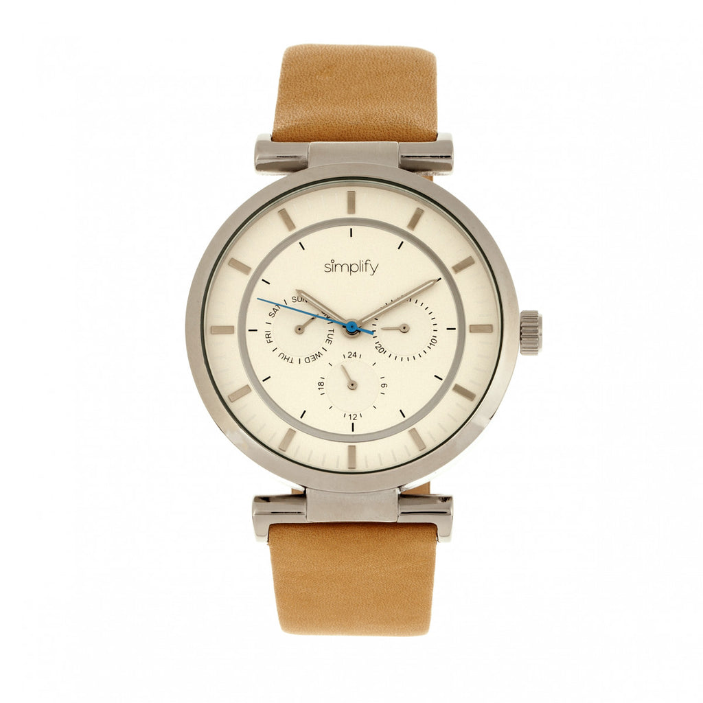 Simplify The 4800 Leather-Band Watch w/Day/Date - Khaki/Silver - SIM4805