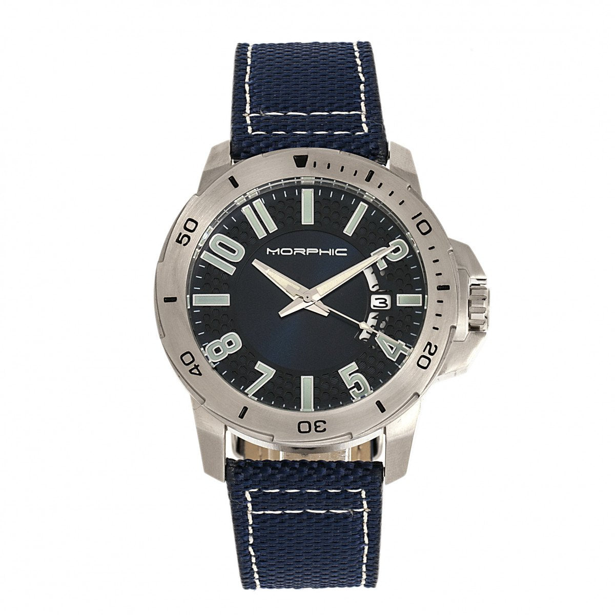Morphic M70 Series Canvas-Overlaid Leather-Band Watch w/Date - Silver/Blue - MPH7002