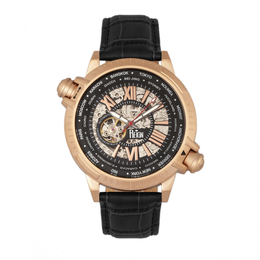 Reign Thanos Automatic Leather-Band Watch - Rose Gold/Black - REIRN2107
