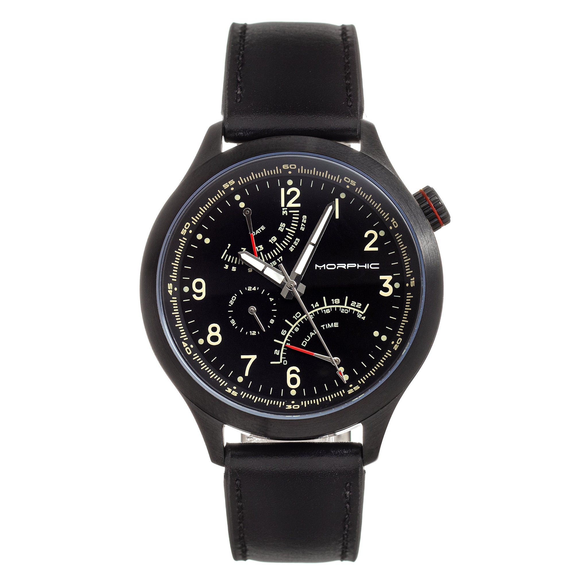 Morphic M44 Series Dual-Time Leather-Band Watch w/ Retrograde Date - Black - MPH4402