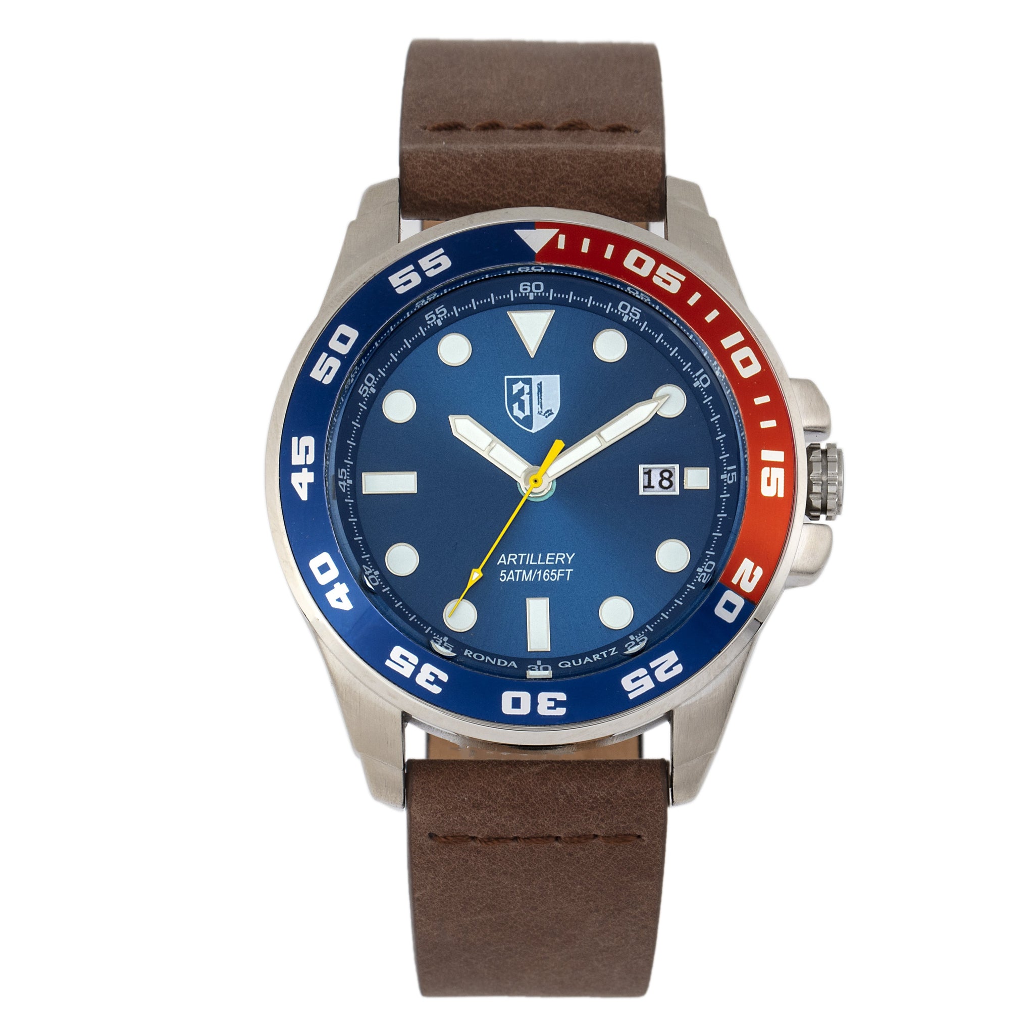 Three Leagues Artillery Leather-Band Watch with Date - Blue/Brown - TLW3L105