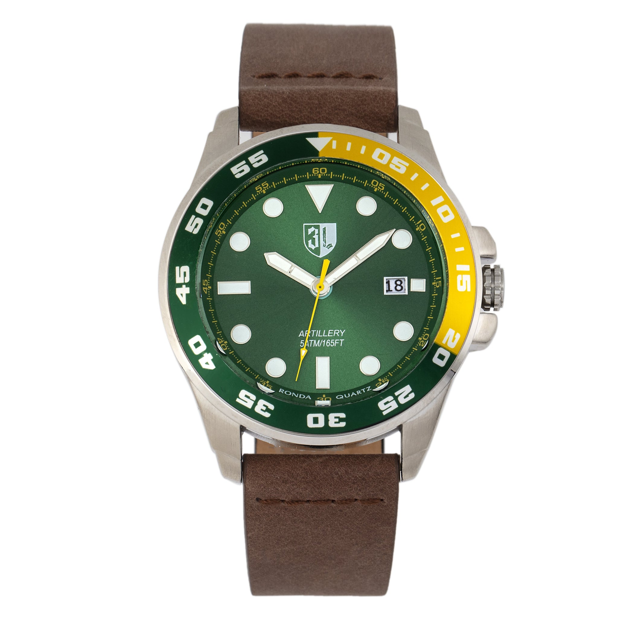 Three Leagues Artillery Leather-Band Watch with Date - Green/Brown/Green - TLW3L106
