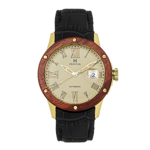Heritor Automatic Everest Wooden Bezel Leather Band Watch /Date  - Gold/Cream - HERHS1602