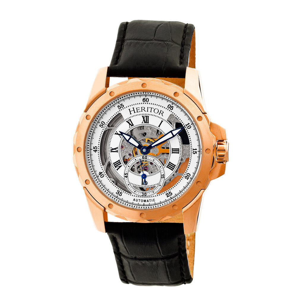 Heritor Automatic Armstrong Skeleton Leather-Band Watch - Rose Gold/Silver - HERHR3405