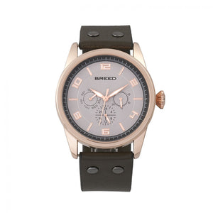 Breed Rio Leather-Band Watch w/Day/Date - Rose Gold/Brown - BRD7405