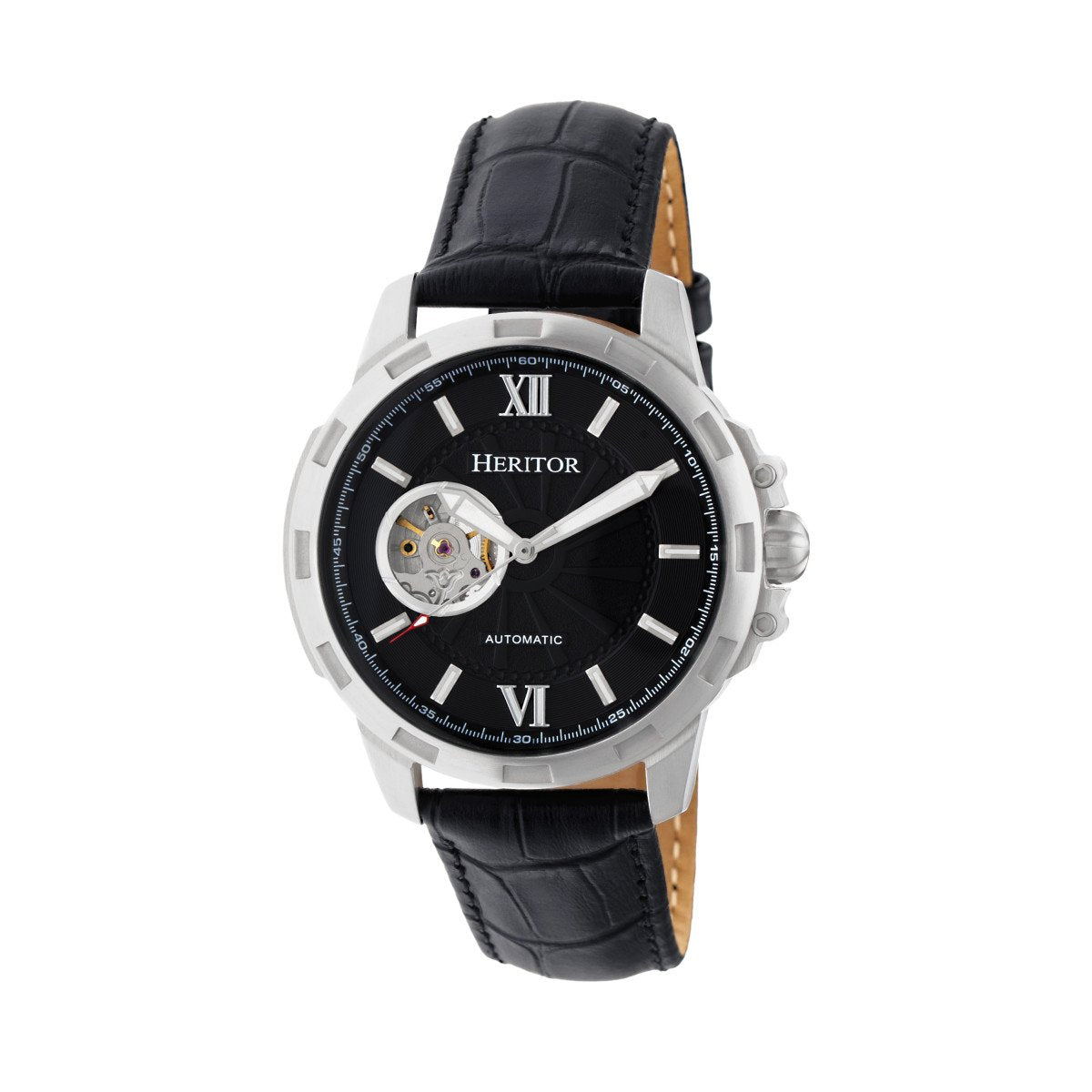 Heritor Automatic Bonavento Semi-Skeleton Leather-Band Watch - Silver/Black - HERHR5602
