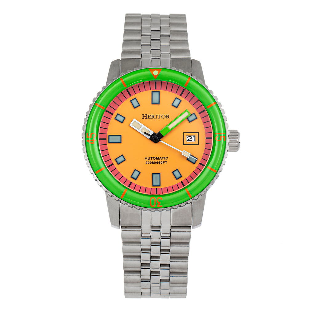 Heritor Automatic Edgard Bracelet Diver's Watch w/Date - Green/Orange - HERHR9107