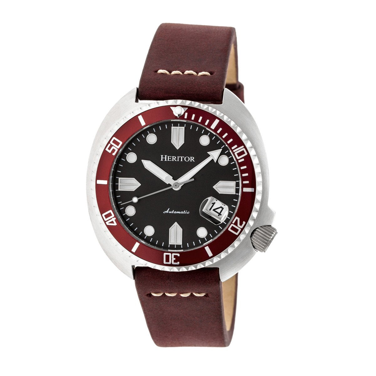 Heritor Automatic Morrison Leather-Band Watch w/Date - Maroon/Silver - HERHR7604