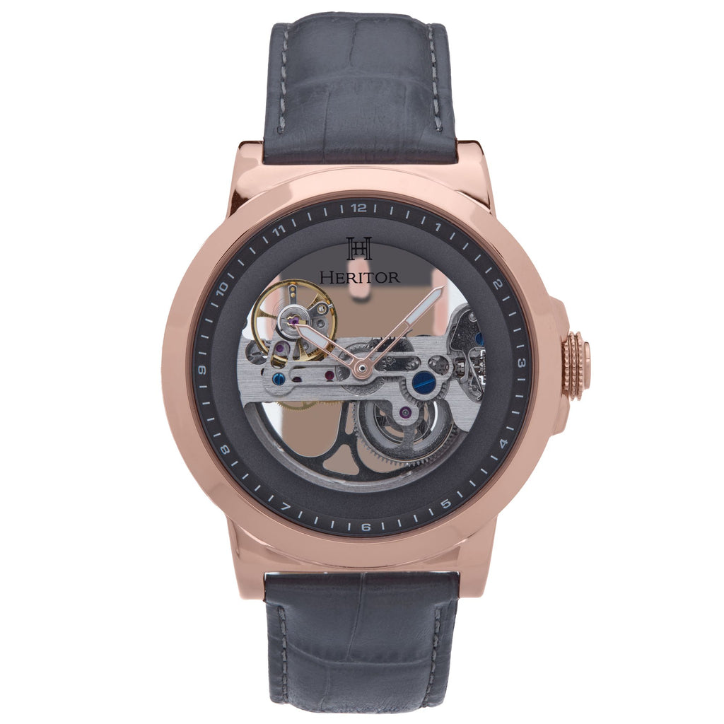 Heritor Automatic Xander Semi-Skeleton Leather-Band Watch - Rose Gold/Gray - HERHS2404