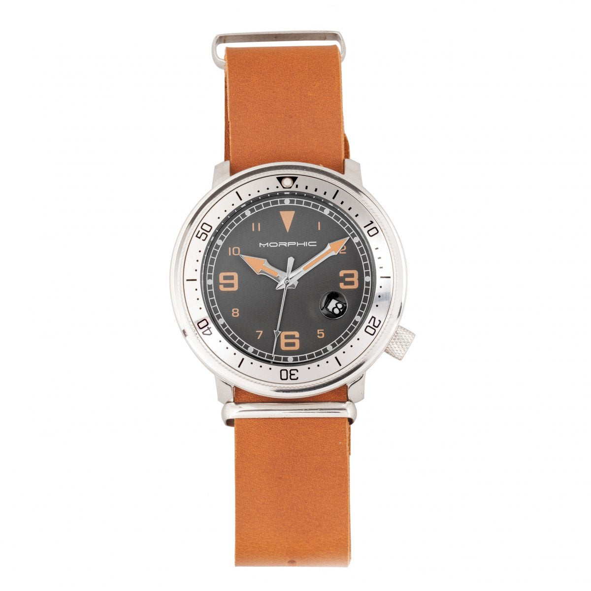 Morphic M74 Series Leather-Band Watch w/Magnified Date Display - Camel/Silver/Brown - MPH7412