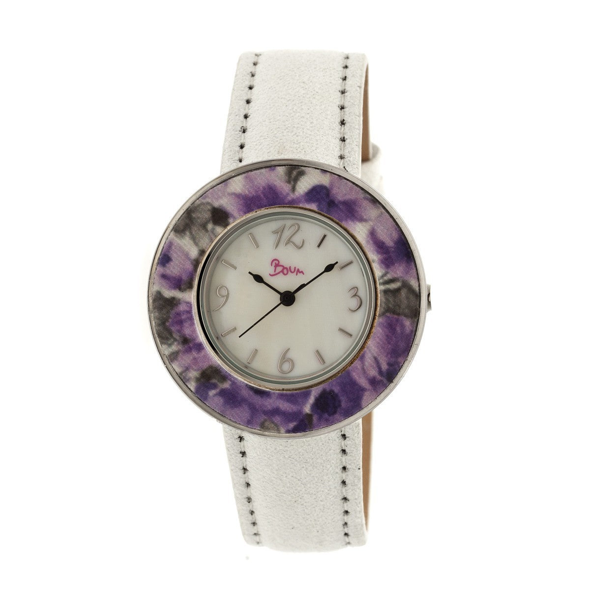 Boum Bouquet Floral-Ring Leather-Band Ladies Watch - White/Purple - BOUBM2804