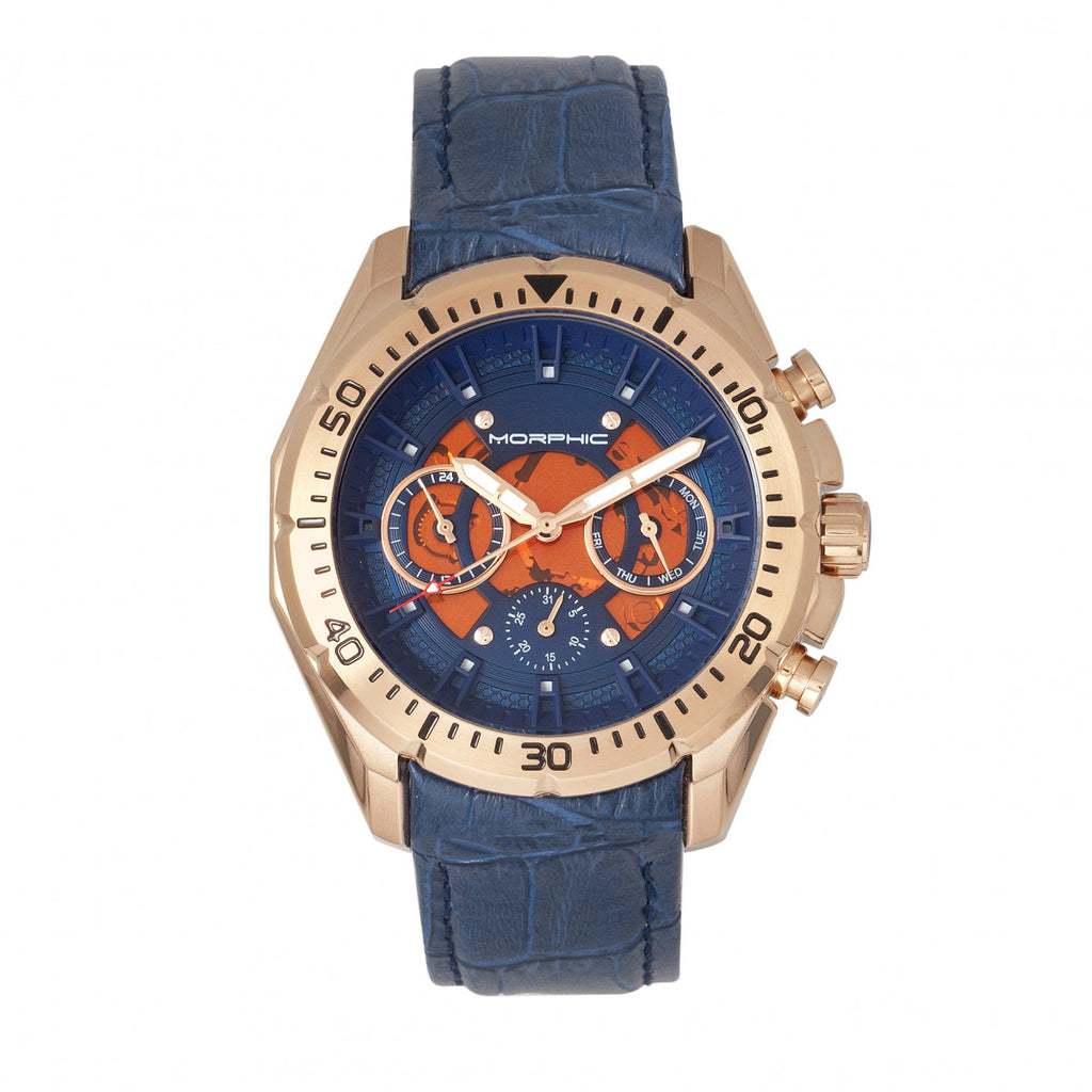 Morphic M66 Series Skeleton Dial Leather-Band Watch w/ Day/Date - Rose Gold/Blue - MPH6605