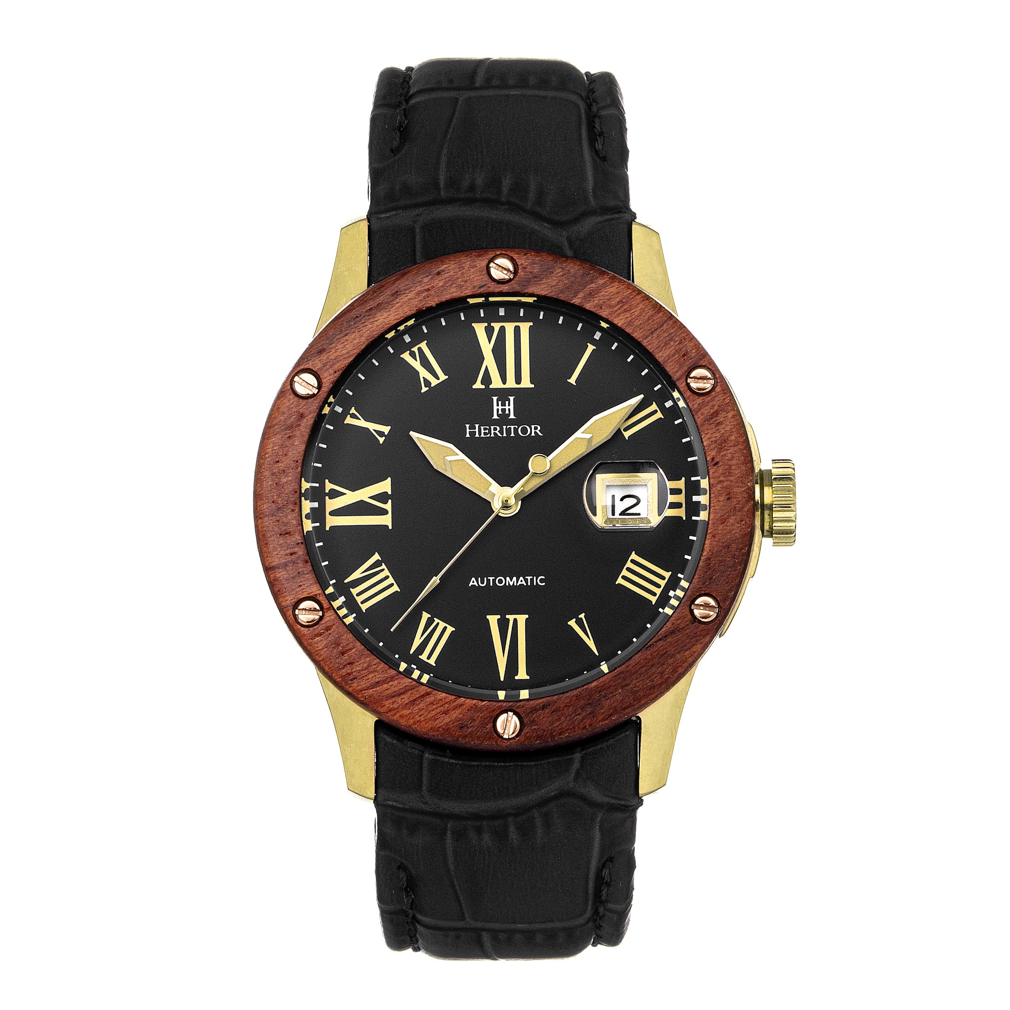 Heritor Automatic Everest Wooden Bezel Leather Band Watch /Date  - Gold/Black - HERHS1603