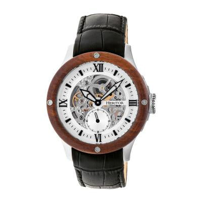 Heritor Automatic Belmont Wood Bezel Skeleton Leather-Band Watch