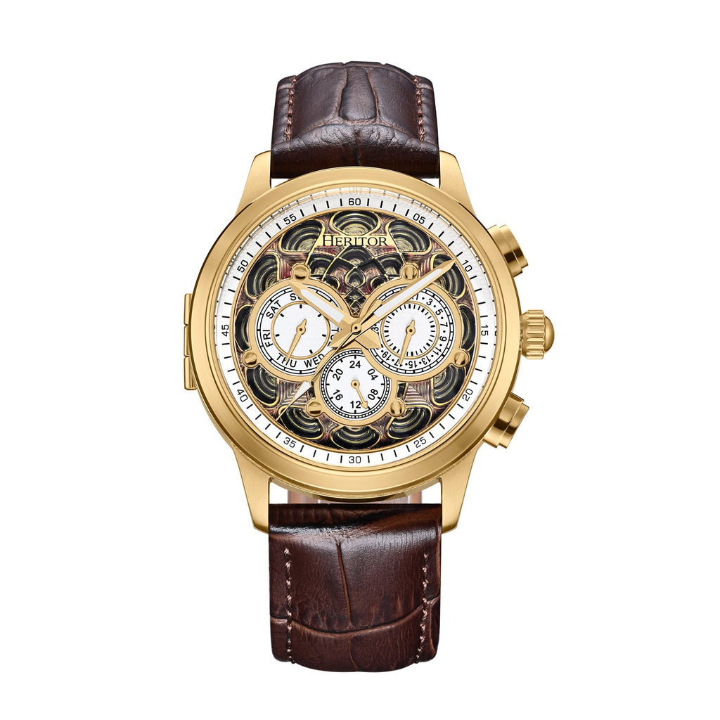 Heritor Automatic Apostle Leather Band Watch w/ Day-Date - Brown/Gold - HERHS2703