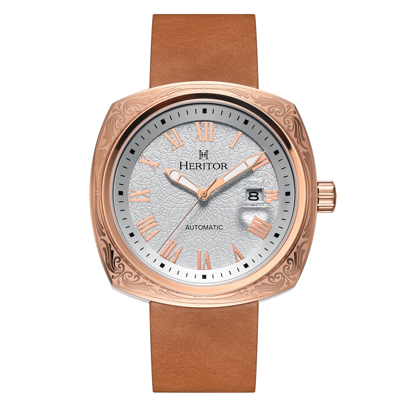 Heritor Automatic Davenport Engraved-Case Leather-Band Watch w/ Date - Rose Gold/Light Brown - HERHS3204