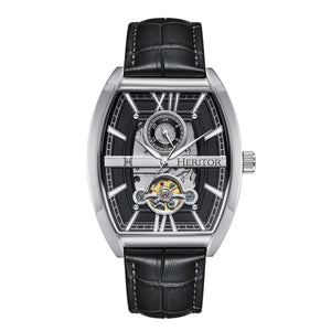 Heritor Automatic Masterson Semi-Skeleton Leather-Band Watch - Silver/Black - HERHS3501