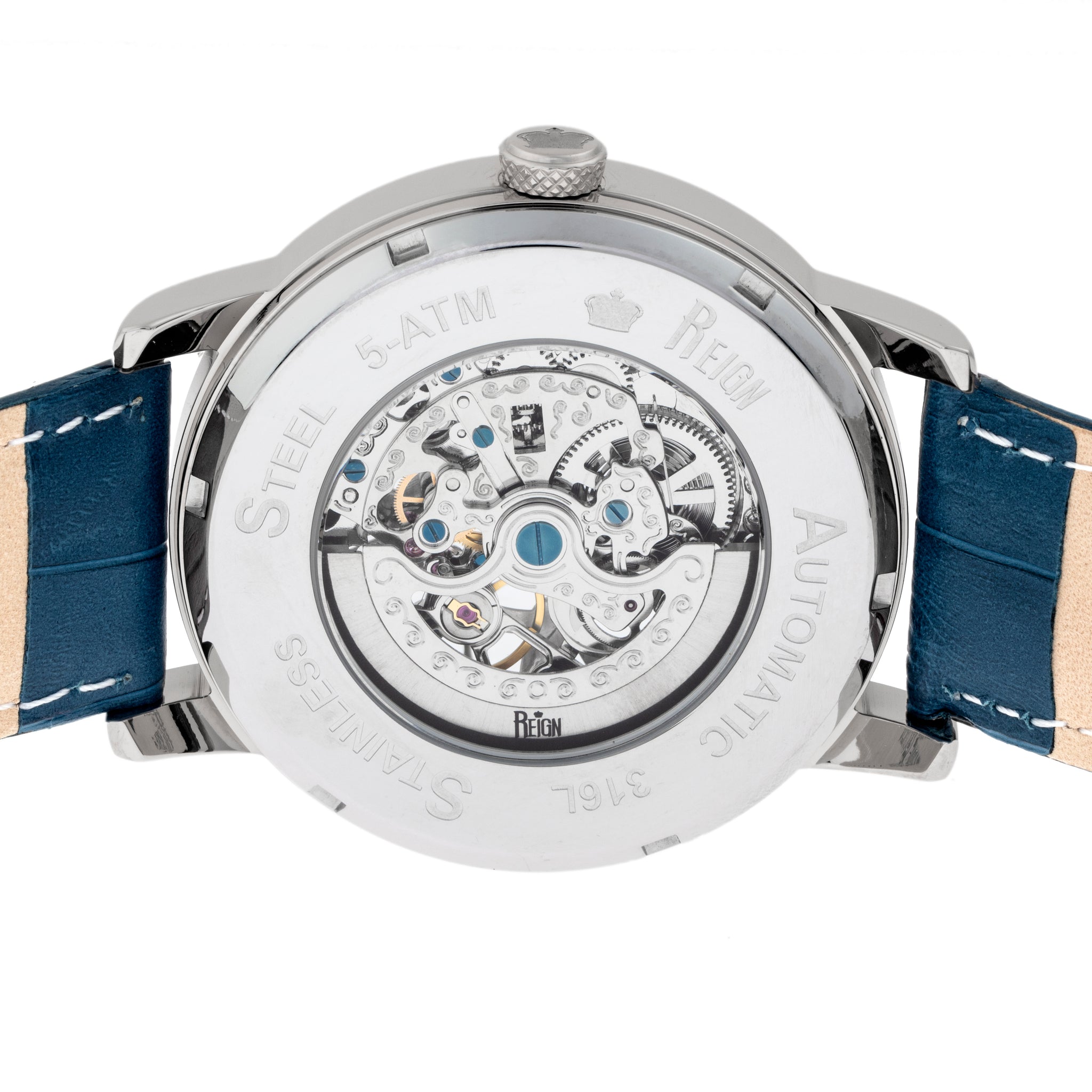 Reign Belfour Automatic Skeleton Leather-Band Watch - Silver/Blue - REIRN3603