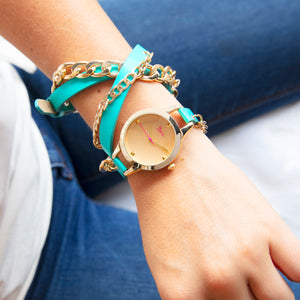 Boum Emballage Bracelet Multi-Wrap Leather-Band Watch - Gold/Turquoise - BOUBM3805