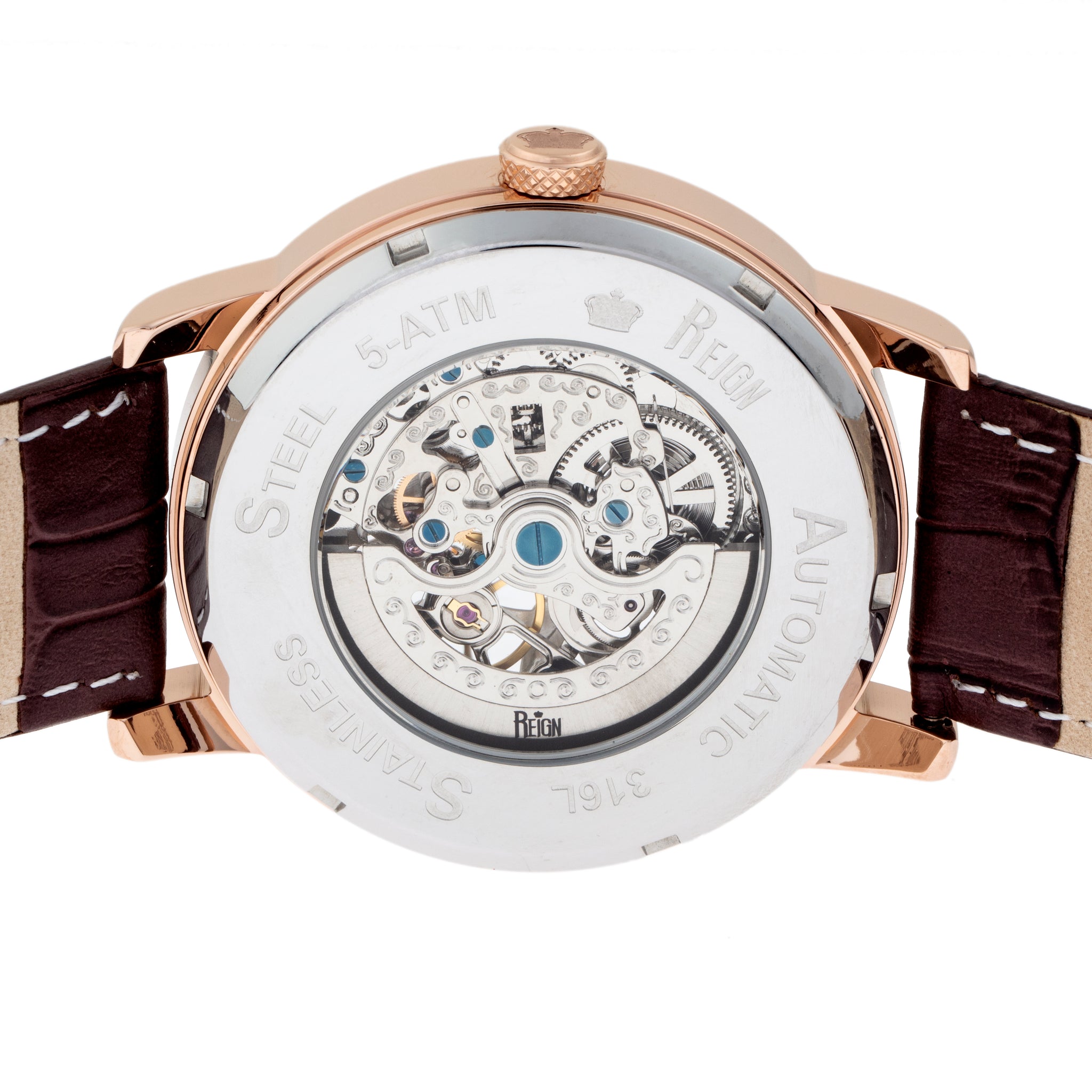 Reign Belfour Automatic Skeleton Leather-Band Watch - Rose Gold/Black - REIRN3605