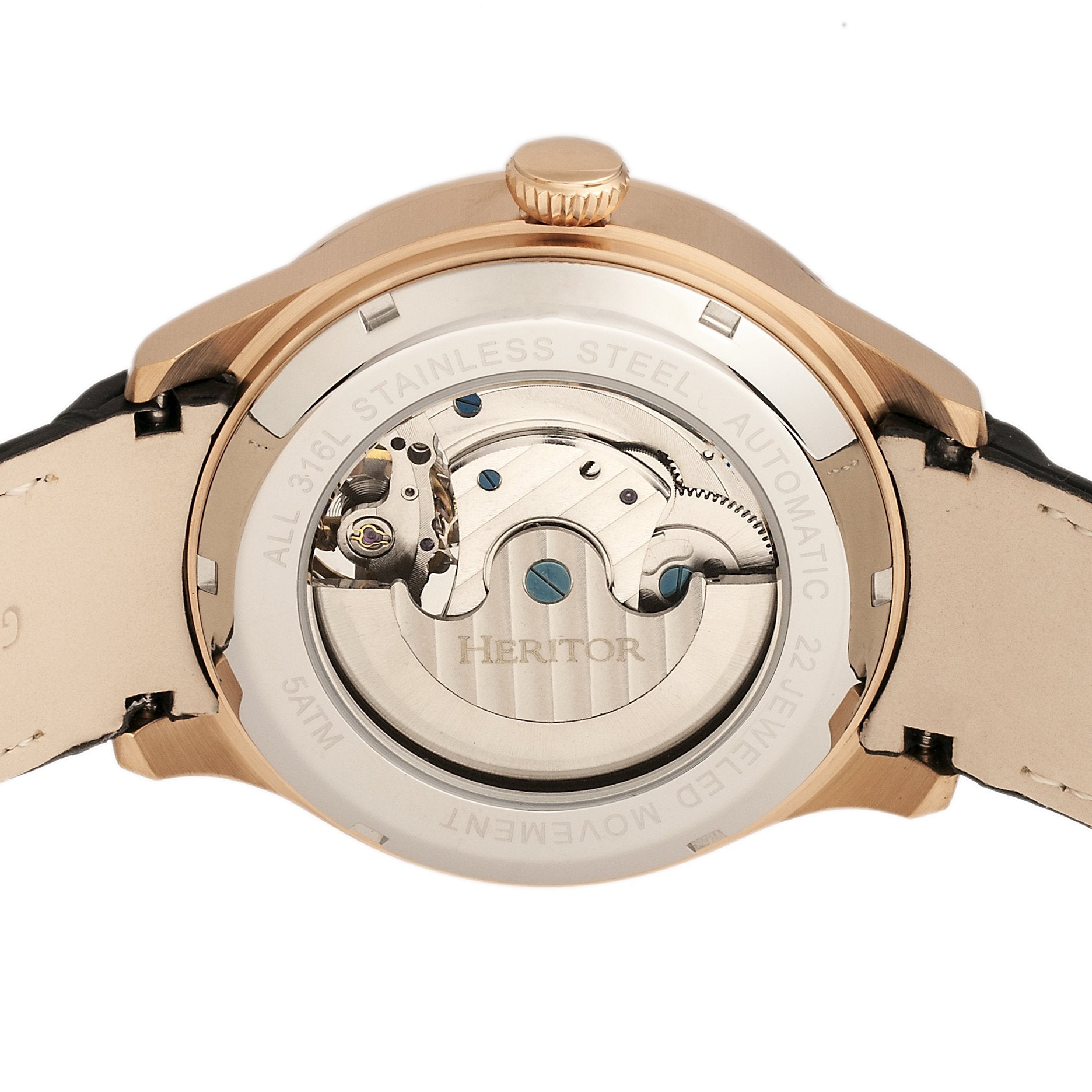 Heritor Automatic Gregory Semi-Skeleton Leather-Band Watch - Rose Gold/Black - HERHR8105